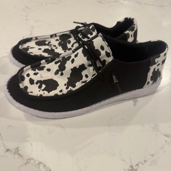 Faux Hey Dude Black and White Cow Print Shoes - Picture 2 of 4